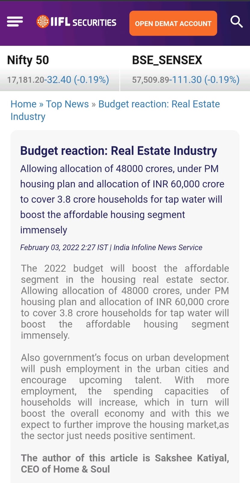 Budget reaction: Real Estate Industry