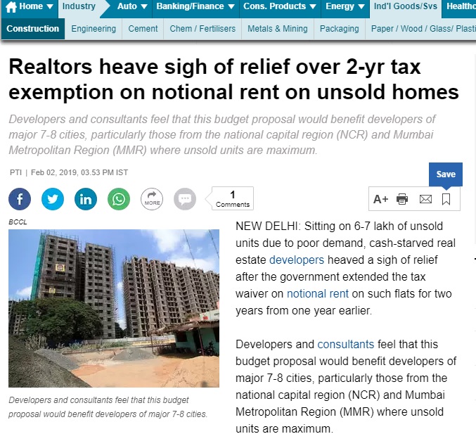Realtors heave sigh of relief over 2-yr tax exemption on notional rent on unsold homes