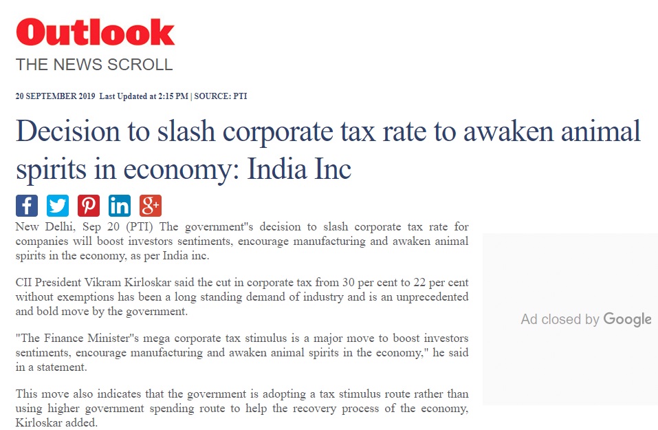 Decision to slash corporate tax rate to awaken animal spirits in economy: India Inc